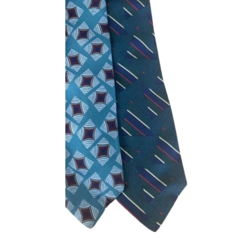 Vintage 80s Abercrombie & Fitch Striped Geometric Blue Green 100% Silk 2 Tie Lot